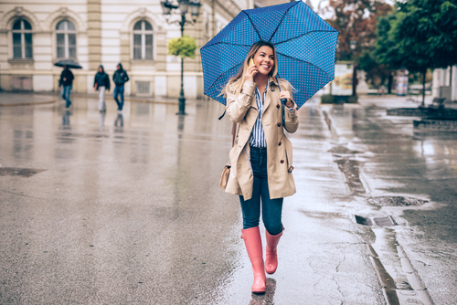 Woman walking in the rain and talking on phone