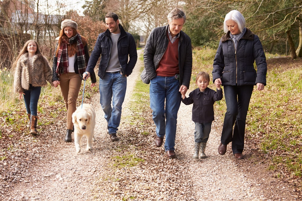 Several generations of family walking in the park
