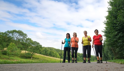 Group of women walking for fitness with poles
